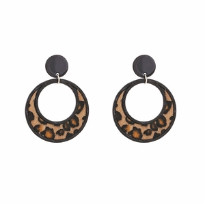 Leopard Print Hoop Earrings For Women Hollow Round Geometric Alloy With Flocked Fabric Retro Exaggerated Fashion