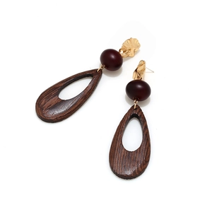 Retro geometric earrings with hollow wood drops and gold metal alloy accents
