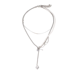 Layered Heart Lock And Key Pendant Necklace Alloy Imitation Artificial Pearl Rhinestone Snake Chain Vintage Fashion Jewelry Women