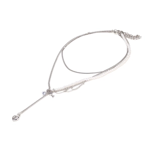 Three-layer silver necklace with baroque pearls, heart lock and key charms