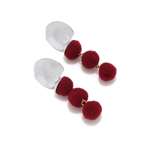 Fashion geometric layered earrings with silver hammered discs and burgundy velvet balls