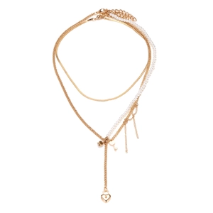 Gold layered heart lock and key necklace with baroque pearls and snake chain