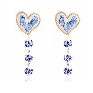 Vintage Heart Drop Earrings With Blue And White Porcelain Ceramic Beads Alloy Enamel Stainless Steel Earring Post For Women