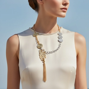 Collier Pendentif Bohème Alliage Zinc Perles Long Gland Géométrique Pièce Monnaie Vintage Bijoux Asymétriques Femmes