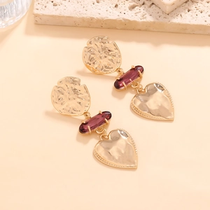 Retro gold alloy geometric earrings with purple crystal and heart-shaped pendants