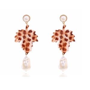 Boucles D'oreilles Pendantes Rétro Feuille Imprimé Léopard Avec Künstliche Perle Baroque Imitation Et Tige En Acier Inoxydable Femmes