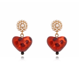 Fashion leopard resin heart drop earrings with gold floral pearls on white background