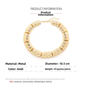 Detailed specs of chunky gold geometric necklace showing 10.5cm diameter and 59g weight