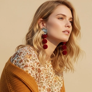 Hammered Metal Geometric Drop Earrings With Triple Velvet Pom Poms And Stainless Steel Earring Post Long Fashion Dangle For Women