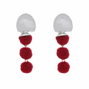Geometric multilayer red pom-pom drop earrings with hammered silver metal studs