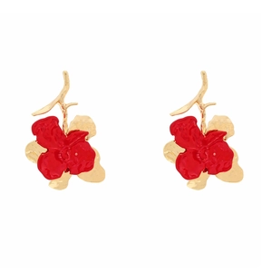 Orecchini a fiore dorati con petali in smalto rosso e pendenti in metallo a strati
