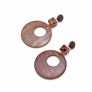 Boucles d'oreilles vintage avec cubes en résine léopard et pendentifs ronds en bois