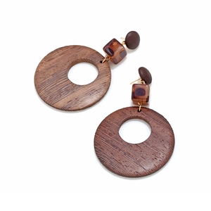 Boucles d'oreilles bohèmes en bois avec pendentifs en résine léopard sur fond blanc