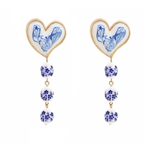 Blue floral heart drop earrings with porcelain beads and long gold-tone tassel fringe
