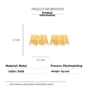 Detailed size view of gold plated wavy metal stud earrings measuring 2.1cm by 3.7cm