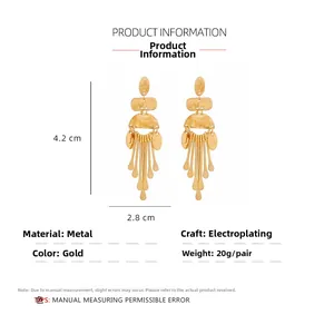 Detail showing gold hammered metal texture and fringe drop earrings with dimensions