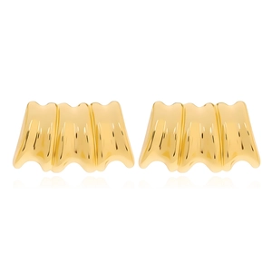 Modern gold wavy pleated stud earrings with high-polish finish on white background