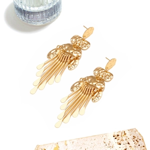 Vintage golden hammered metal geometric tassel earrings with long fringe drops for women