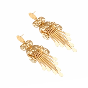 Vintage golden hammered metal geometric tassel earrings with long fringe drops