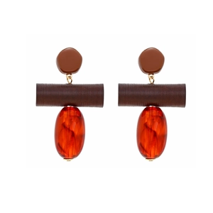 Retro geometric drop earrings with wood beads and amber resin pendants on white background