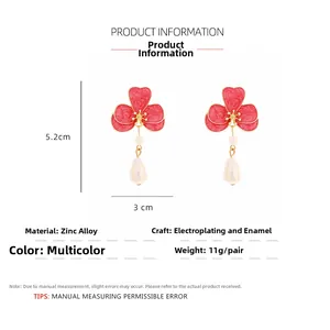 Detailed chart showing pink enamel flower earrings with pearl pendant dimensions and specs