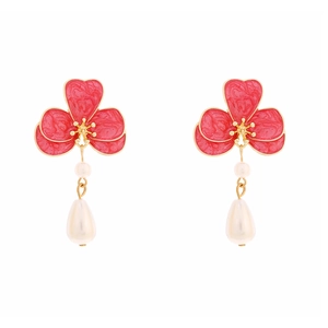Vintage red floral enamel earrings with long faux pearl drop pendants in gold finish