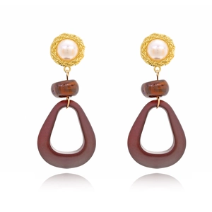 Boucles D'oreilles Pendantes Géométriques En Goutte Avec Bois Résine Imitation Künstliche Perle Alliage Et Tige En Acier Inoxydable