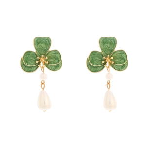 Retro gold flower earrings with green enamel petals and hanging teardrop pearls