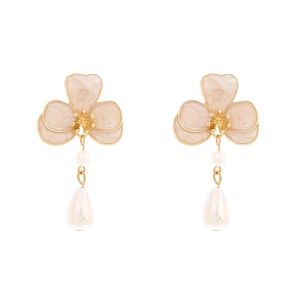 Elegant floral drop earrings with apricot enamel petals and white faux pearls