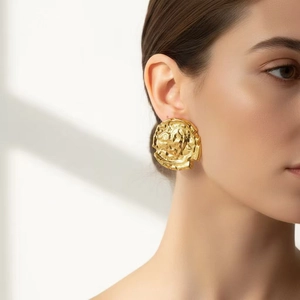 Hammered Heart Stud Earrings Women Retro Geometric Lava Texture Gold Tone Zinc Alloy With Stainless Steel Earring Post