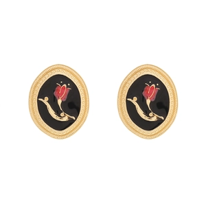 Vintage oval gold earrings with black enamel background and red tulip flower detail