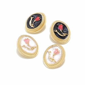 Macro detail of retro tulip enamel earrings with gold-toned vintage floral borders