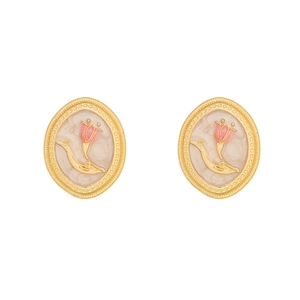 Retro gold oval stud earrings with marble texture and pink tulip enamel floral design