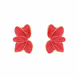 Elegante rote Emaille Blumenohrstecker im Pastoral-Stil mit vergoldeten Metallkanten