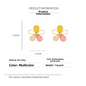 Detail showing oversized enamel flower earrings with gradient petals and 3.1cm dimensions