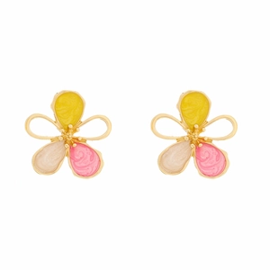Detail view of colorful enamel flower earrings with gradient petals and gold finish