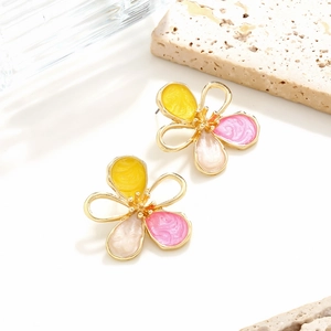 Exaggerated hollow gradient flower stud earrings in gold alloy and colorful enamel