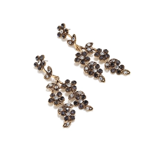 Vintage long tassel floral earrings with grey rhinestones in antique gold alloy