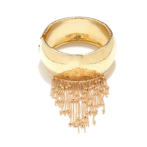 Statement gold cuff bracelet with hammered texture and beaded fringe chain tassels