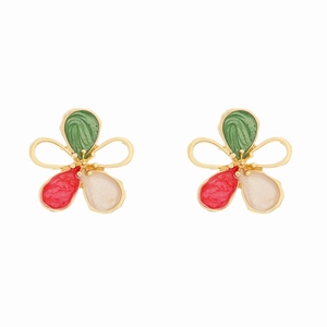 Exaggerated hollow gradient enamel flower stud earrings with golden metallic finish