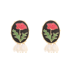 Retro enamel rose earrings with red flowers, gold wavy edges, and pearl pendants