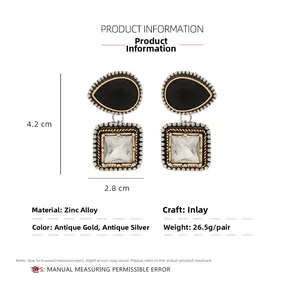 Detail view of retro geometric alloy earrings with size specs of 4.2x2.8cm and 26.5g weight