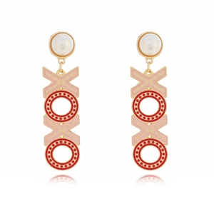 Golden XOXO letter drop earrings with white pearls and pink red enamel hearts