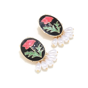 Floral enamel earrings with red roses and white teardrop pearls in elegant retro style