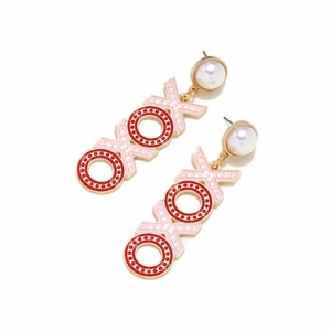 Pink and red enamel XOXO drop earrings with gold finish and pearl stud for women
