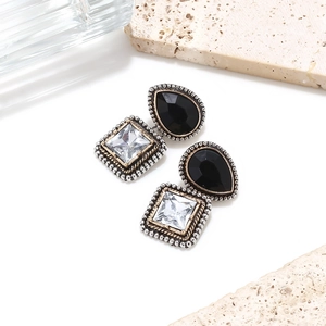 Vintage geometric drop earrings with black teardrop and clear square glass stones