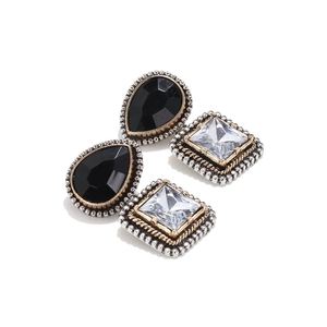 Detail view of retro geometric alloy earrings with black teardrop and clear square glass stones