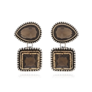 Vintage geometric alloy drop earrings with smoky brown glass stones and gold rope edges