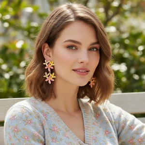 Boucles D'oreilles Pendentif Fleur Émail Alliage De Zinc Floral Superposé Bijoux Doux Pour Femmes Avec Tige En Acier Inoxydable
