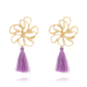 Bohemian gold hollow flower earrings with vibrant purple silk tassels for women